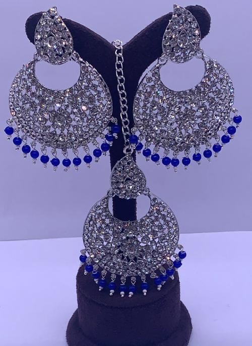 Blue Chandbali Design Ethnic Wear Earrings And Maang Tikka